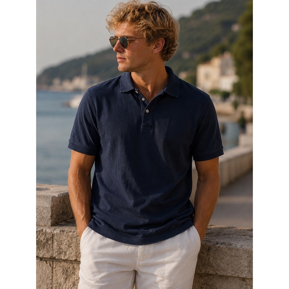 Quince Mens Organic Cotton Stretch Polo Shirt Navy Blue Large Short Sleeve